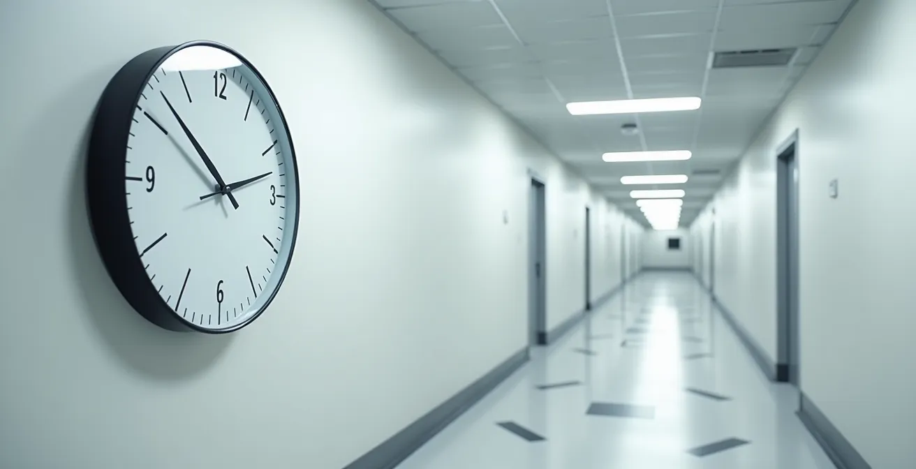 Vue en contre-plongée d'une horloge murale dans un couloir institutionnel