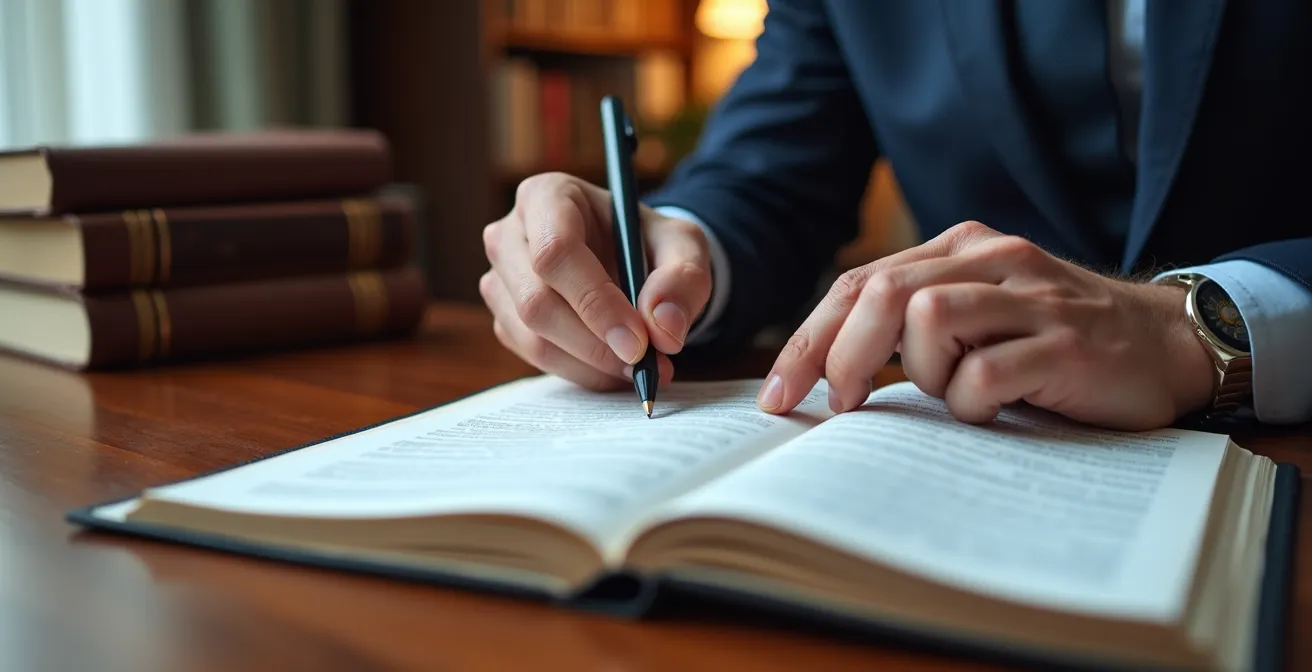Mains d'avocat consultant des documents juridiques