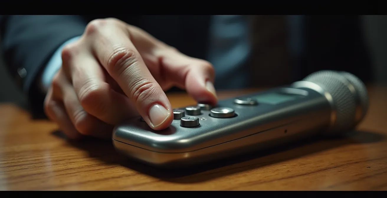 Gros plan sur une main tenant un enregistreur vocal