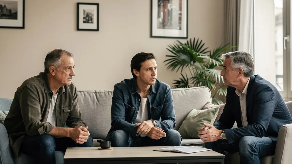 Fratrie en discussion tendue autour d'une table lors d'un conflit successoral