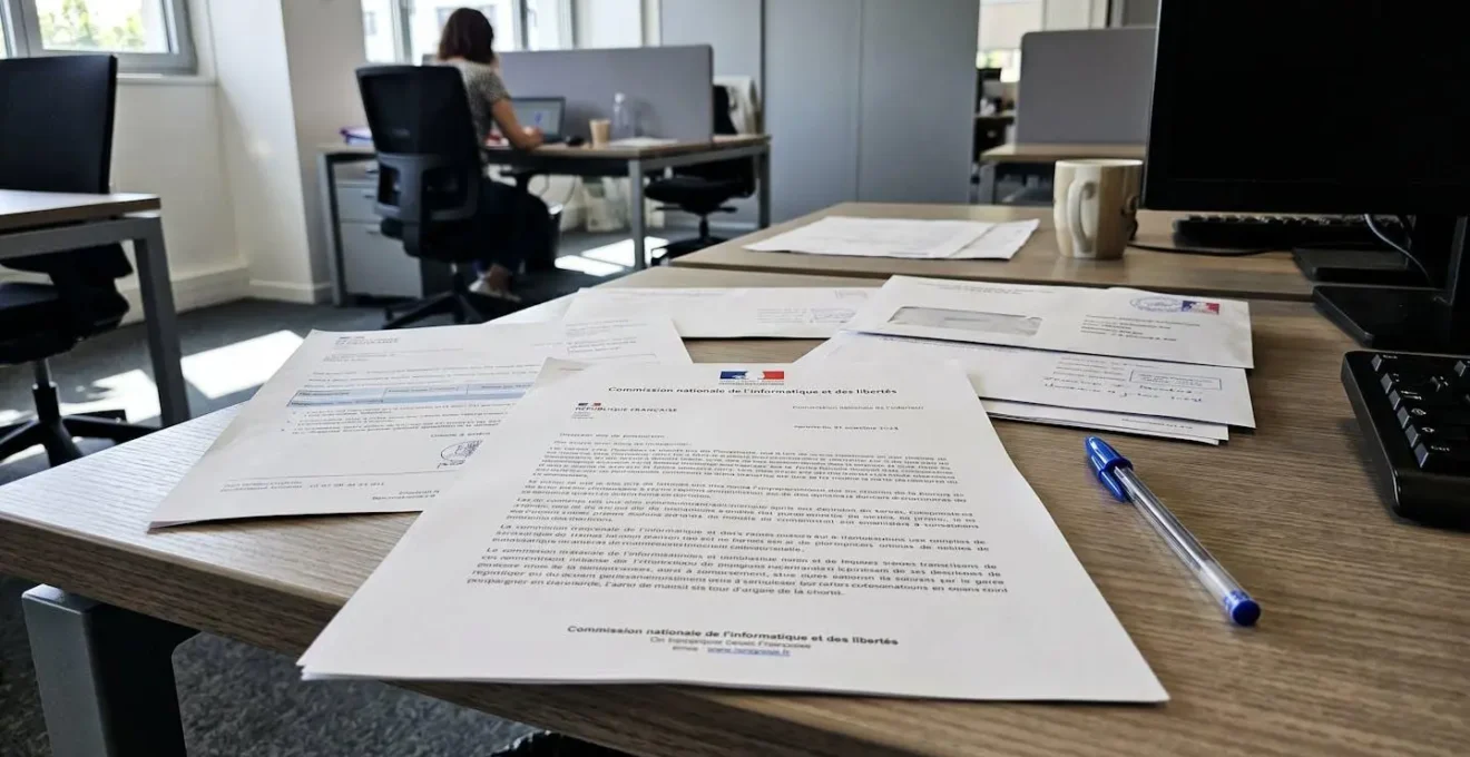 Gros plan sur un document officiel de la CNIL concernant les sanctions en matière de protection des données posé sur un bureau contemporain