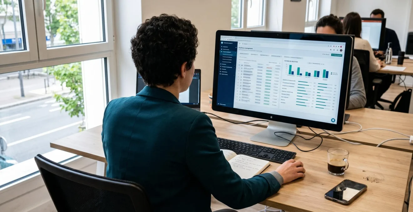 Professionnel des ressources humaines consultant une interface de gestion de candidatures sur écran d