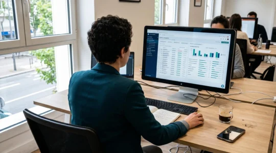 Professionnel des ressources humaines consultant une interface de gestion de candidatures sur écran d