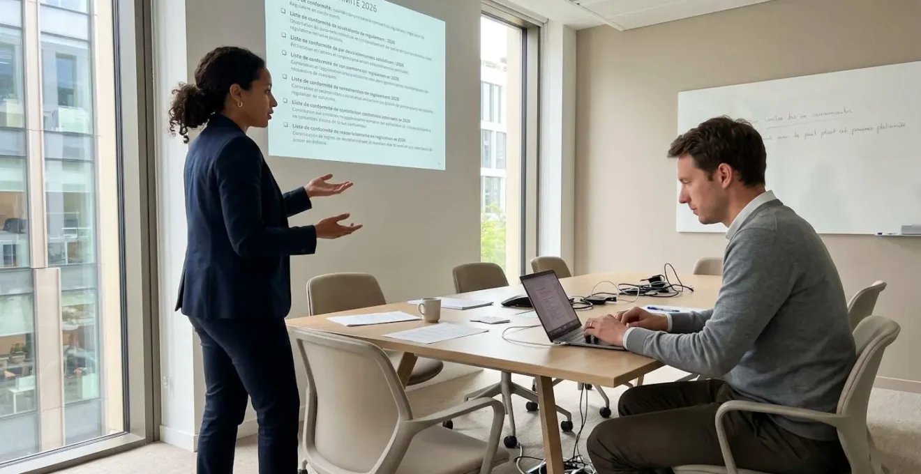 Deux professionnels en réunion de travail discutant d