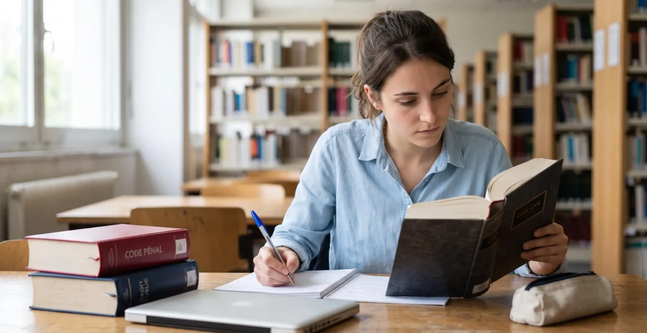 Jeune étudiante en formation notariale consultant un code juridique relié dans une bibliothèque universitaire, prenant des notes avec concentration