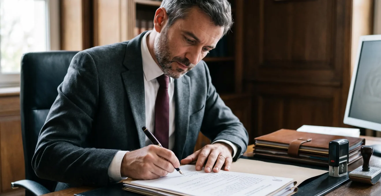 Notaire français en costume signant un acte authentique à son bureau avec un stylo-plume, geste professionnel de validation juridique