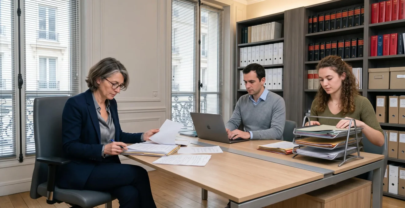 Trois professionnels d'un office notarial français (notaire senior, clerc et assistante) travaillant ensemble autour d'un bureau moderne avec dossiers et ordinateur, dans un espace lumineux aux rayonnages de codes juridiques