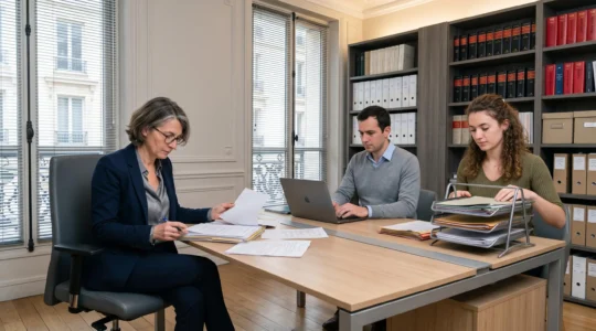 Trois professionnels d'un office notarial français (notaire senior, clerc et assistante) travaillant ensemble autour d'un bureau moderne avec dossiers et ordinateur, dans un espace lumineux aux rayonnages de codes juridiques