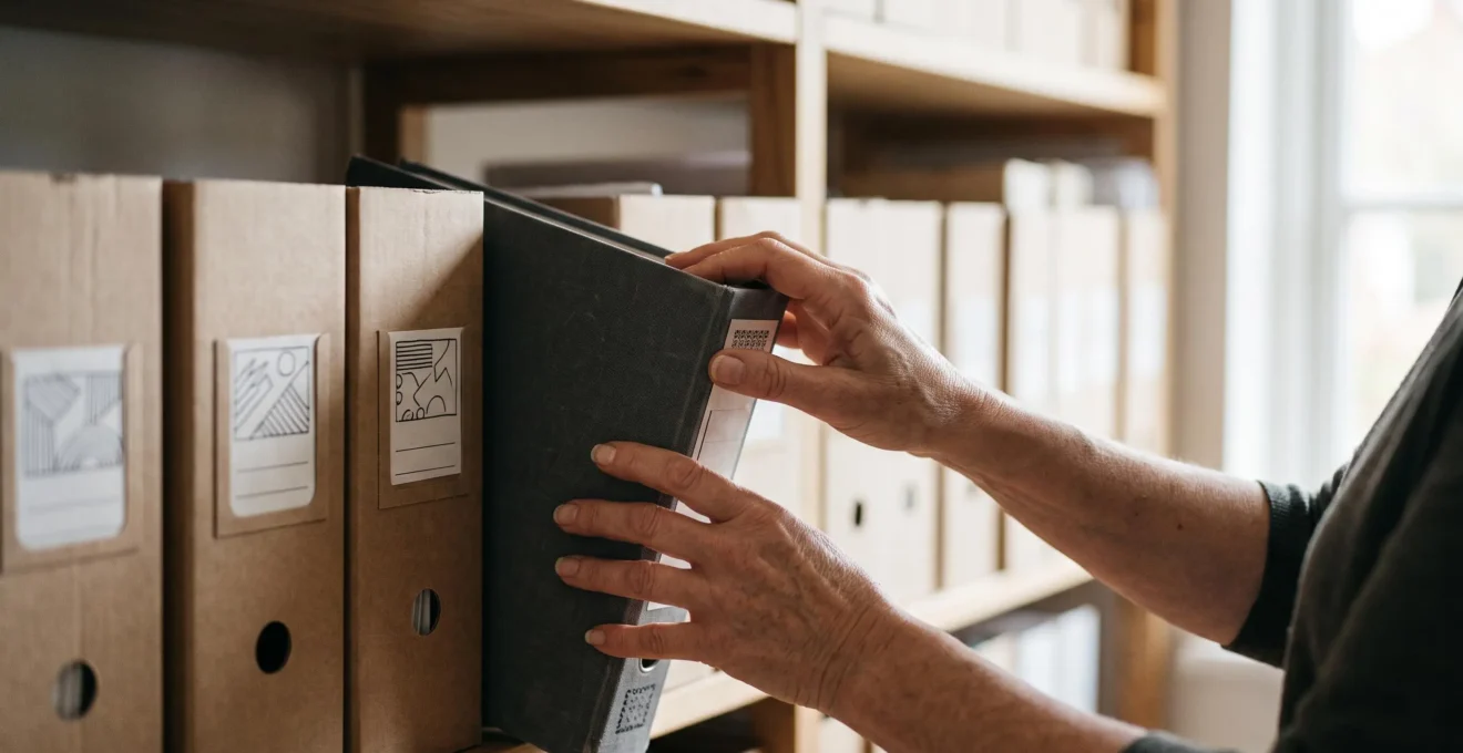 Mains organisant avec soin des dossiers d'archives dans une lumière chaude, symbole de la préparation d'un procès des années plus tard