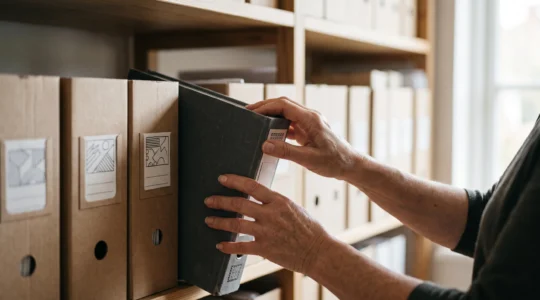 Mains organisant avec soin des dossiers d'archives dans une lumière chaude, symbole de la préparation d'un procès des années plus tard