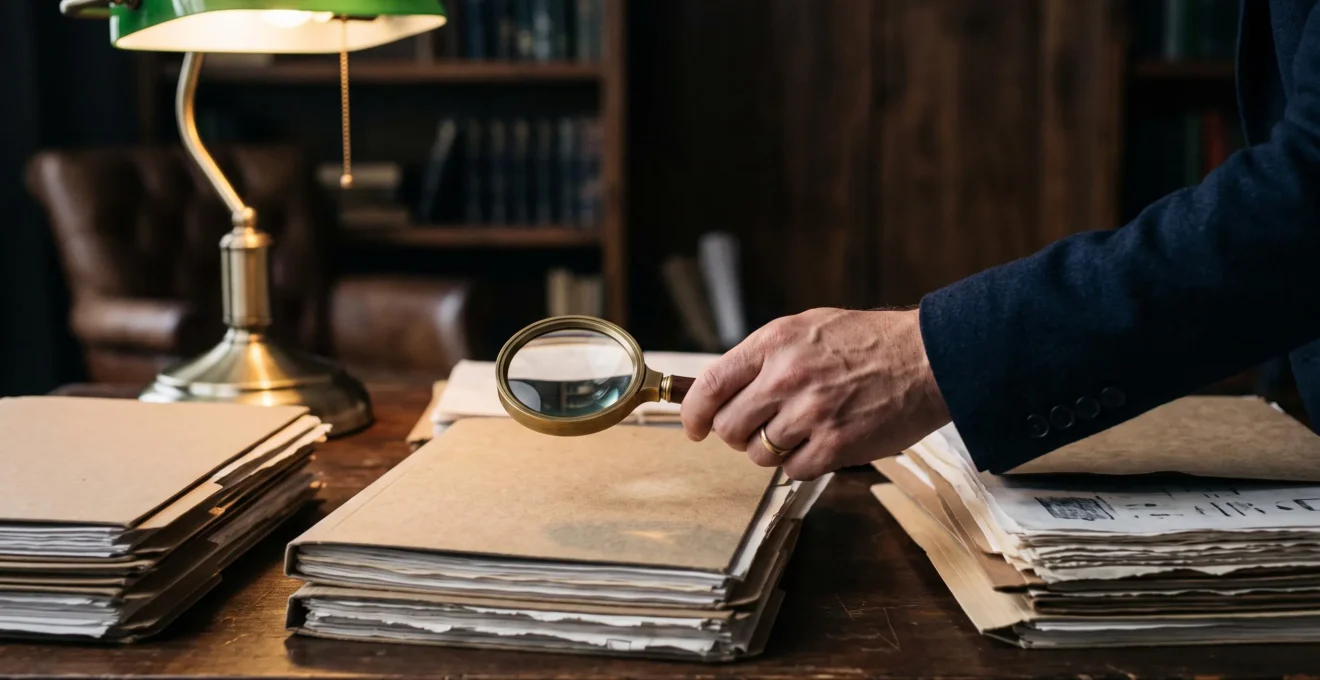 Silhouette d'une main tenant une loupe au-dessus d'une pile de dossiers juridiques abstraits, symbolisant la recherche de jurisprudence pertinente
