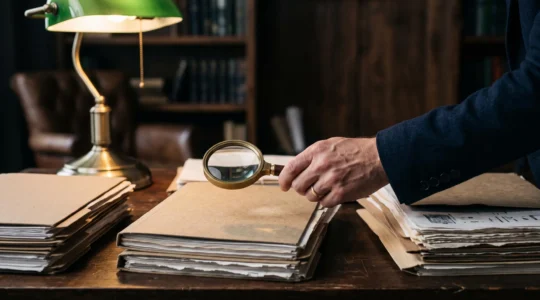 Silhouette d'une main tenant une loupe au-dessus d'une pile de dossiers juridiques abstraits, symbolisant la recherche de jurisprudence pertinente