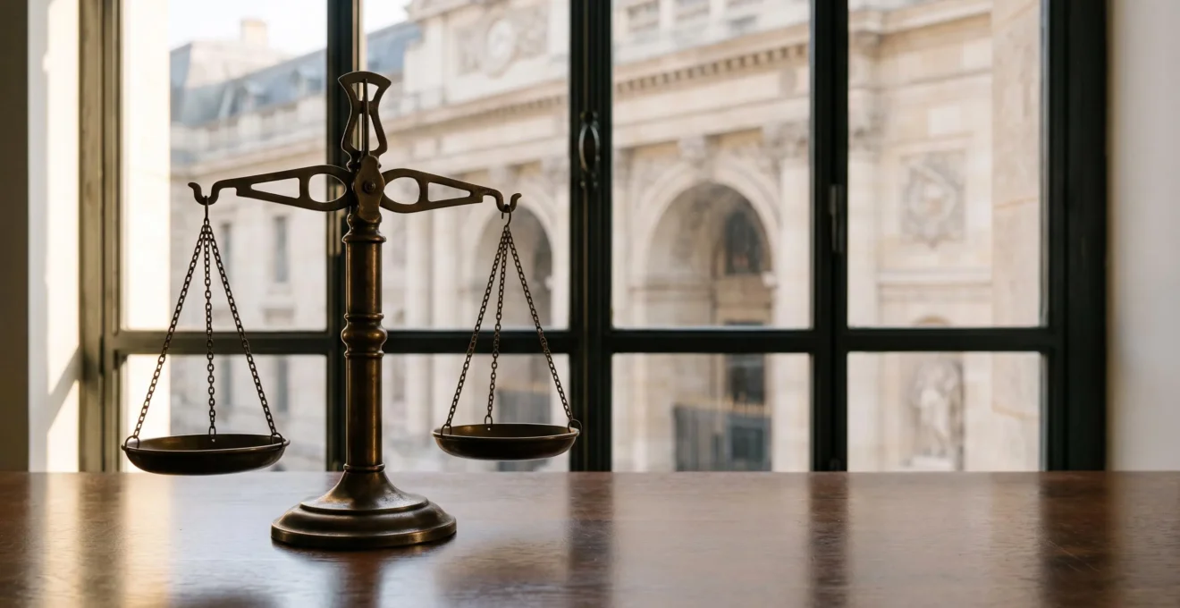 Balance de la justice posée sur un bureau en bois avec des dossiers organisés, symbolisant le choix du bon tribunal et la préparation d'un dossier gagnant