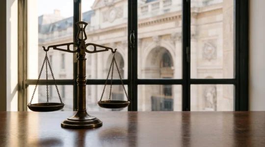 Balance de la justice posée sur un bureau en bois avec des dossiers organisés, symbolisant le choix du bon tribunal et la préparation d'un dossier gagnant