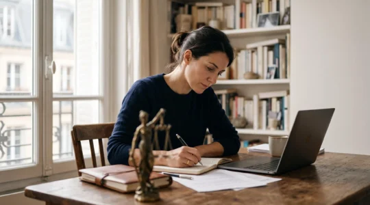 Une personne consulte calmement des ressources juridiques fiables sur son ordinateur portable avant d'envisager de consulter un avocat