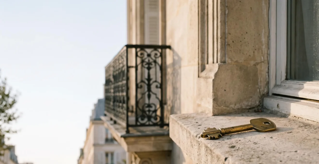 Clé en laiton posée sur le rebord d'une fenêtre d'appartement parisien, symbole d'une sous-location réalisée en toute légalité