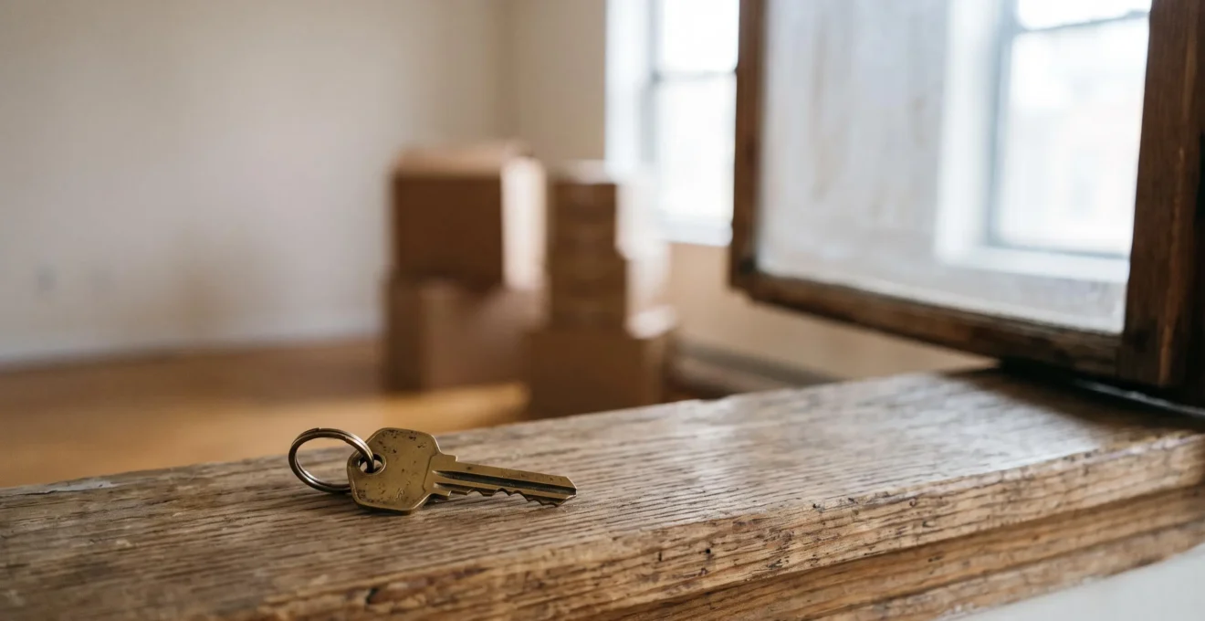 Une clé posée sur le rebord d'une fenêtre d'appartement vide illuminé par la lumière naturelle, symbolisant la fin d'un contrat de location