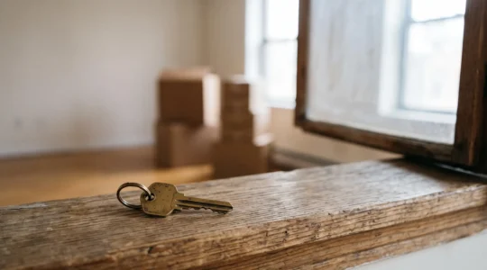 Une clé posée sur le rebord d'une fenêtre d'appartement vide illuminé par la lumière naturelle, symbolisant la fin d'un contrat de location