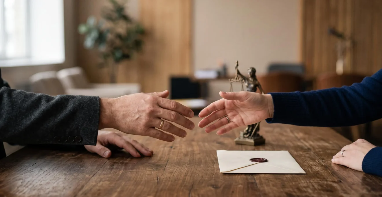 Deux mains qui se rapprochent au-dessus d'une table en bois, symbolisant la resolution amiable d'un litige avec un conciliateur