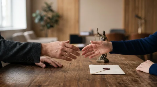 Deux mains qui se rapprochent au-dessus d'une table en bois, symbolisant la resolution amiable d'un litige avec un conciliateur