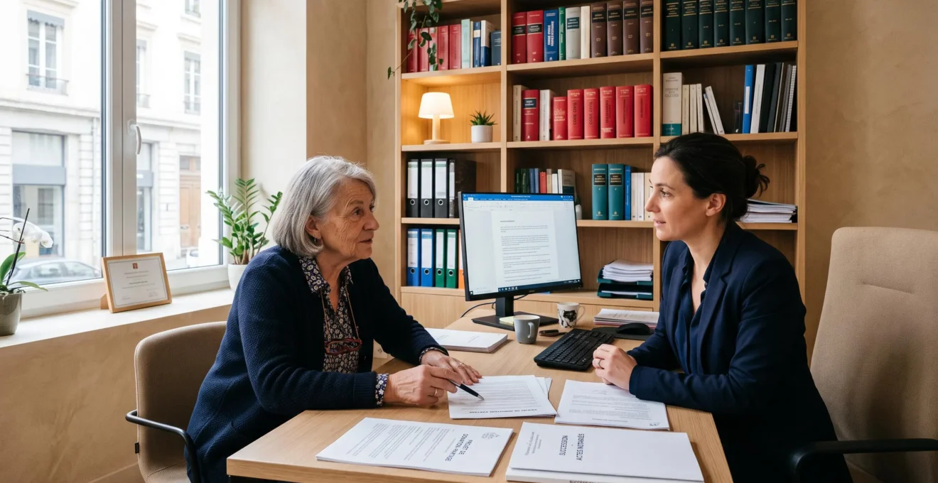 Consultation confidentielle entre une femme senior et un notaire dans un bureau contemporain français, discussion autour de documents de planification successorale, lumière naturelle douce