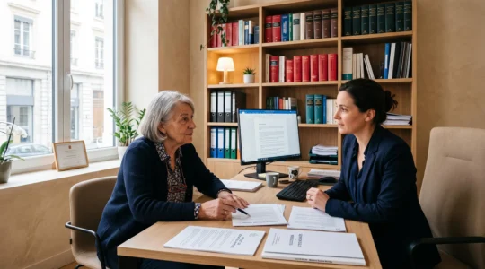 Consultation confidentielle entre une femme senior et un notaire dans un bureau contemporain français, discussion autour de documents de planification successorale, lumière naturelle douce