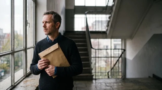 Copropriétaire pensif tenant une enveloppe scellée dans le hall d'un immeuble, symbolisant la contestation d'une décision d'assemblée générale