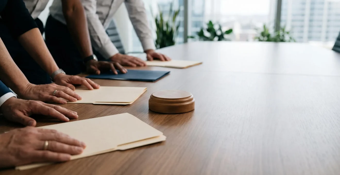 Table de réunion avec des représentants du personnel et un employeur échangeant autour de documents anonymes, symbolisant le dialogue social en entreprise