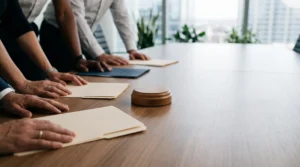 Table de réunion avec des représentants du personnel et un employeur échangeant autour de documents anonymes, symbolisant le dialogue social en entreprise