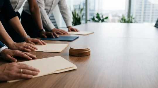 Table de réunion avec des représentants du personnel et un employeur échangeant autour de documents anonymes, symbolisant le dialogue social en entreprise