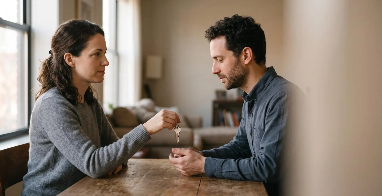 Deux mains d'ex-époux échangeant des clés dans un geste calme et respectueux, symbolisant un divorce à l'amiable réussi