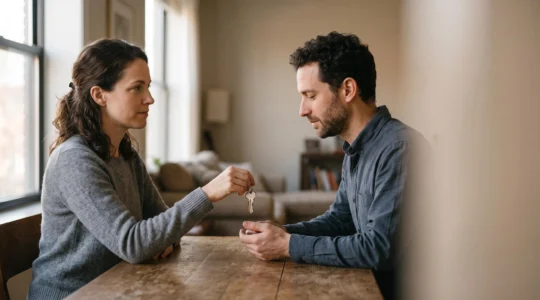 Deux mains d'ex-époux échangeant des clés dans un geste calme et respectueux, symbolisant un divorce à l'amiable réussi