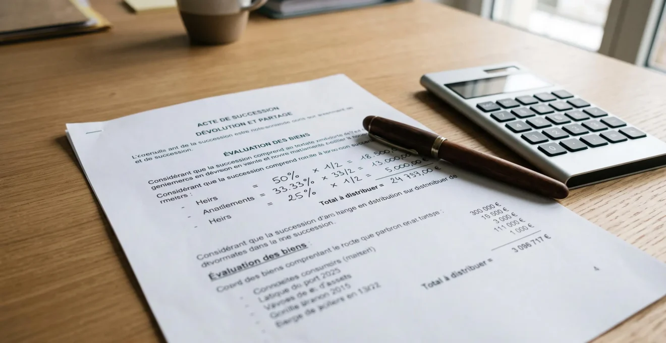 Gros plan sur document notarial français montrant calcul de quotité disponible avec annotations manuscrites et pourcentages, calculatrice et stylo sur bureau