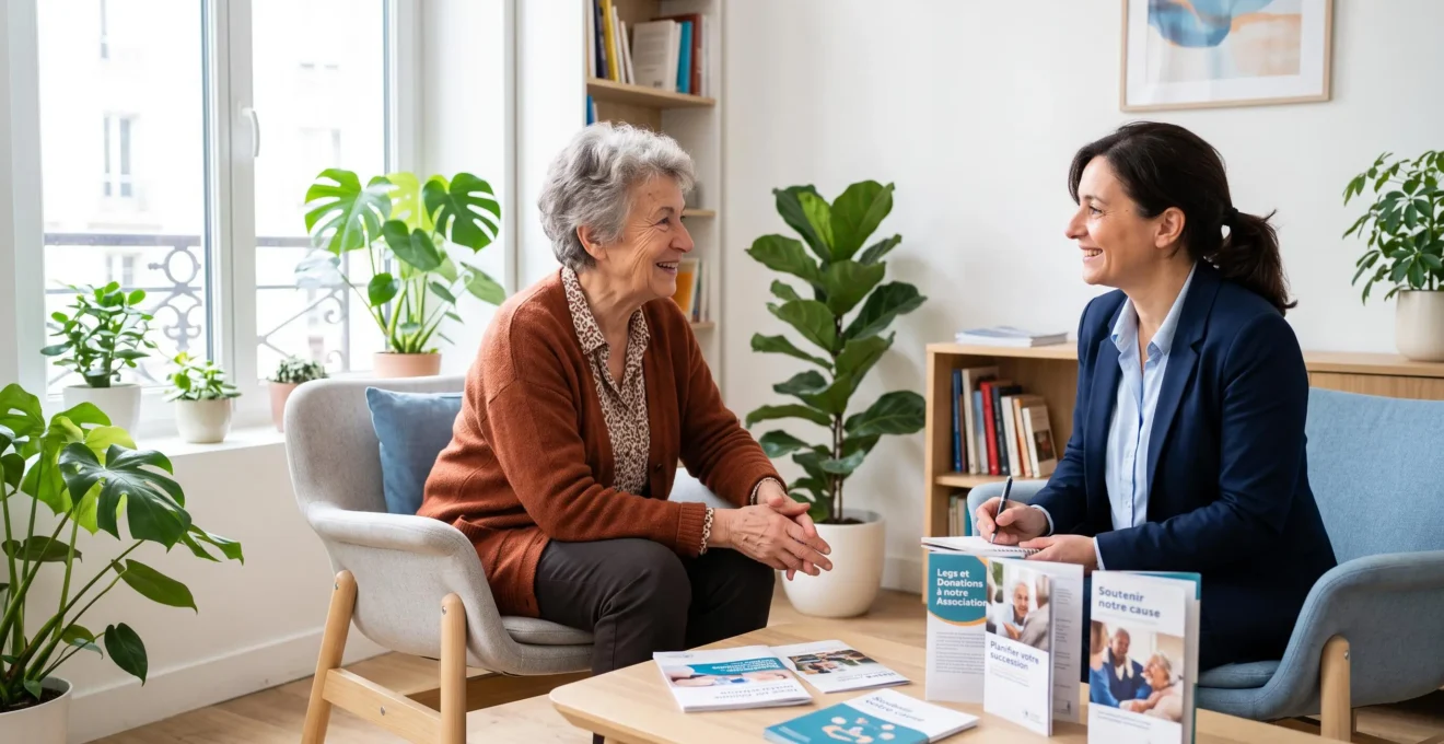 Échange chaleureux entre une femme senior et un responsable associatif dans bureau lumineux contemporain, brochures sur legs caritatifs visibles sur table basse, atmosphère bienveillante