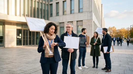 Groupe de salaries reunis pacifiquement devant un batiment pour un mouvement de greve organise dans la legalite