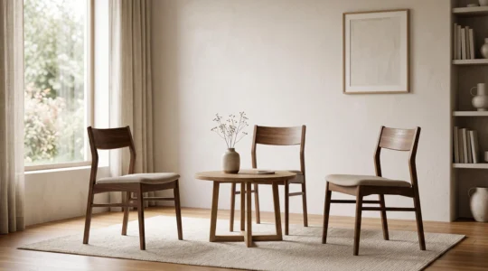 Deux chaises vides face à face dans une pièce épurée, séparées par une troisième chaise en retrait, symbolisant le rôle du tiers neutre dans la résolution d'un conflit