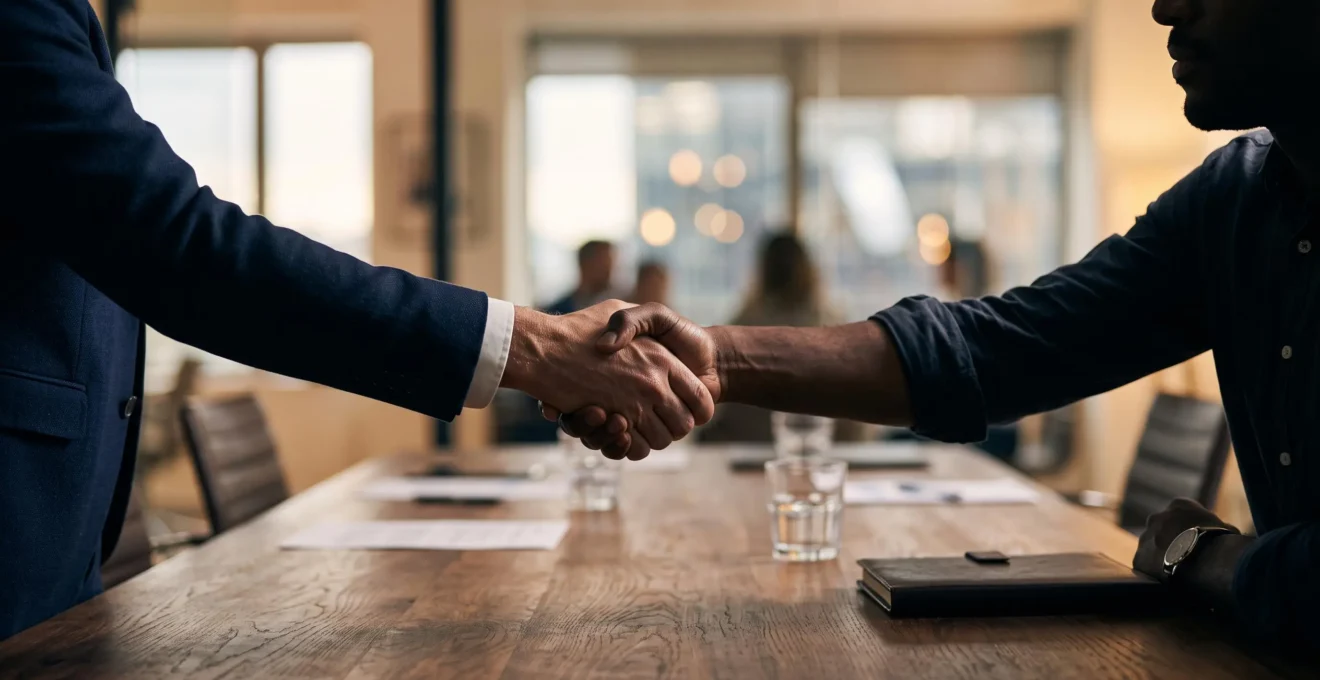 Deux mains représentant employeur et représentant du personnel scellant un accord au-dessus d'une table de négociation, symbolisant un compromis social gagnant-gagnant