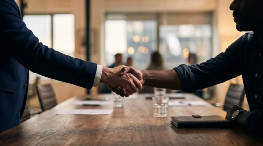 Deux mains représentant employeur et représentant du personnel scellant un accord au-dessus d'une table de négociation, symbolisant un compromis social gagnant-gagnant
