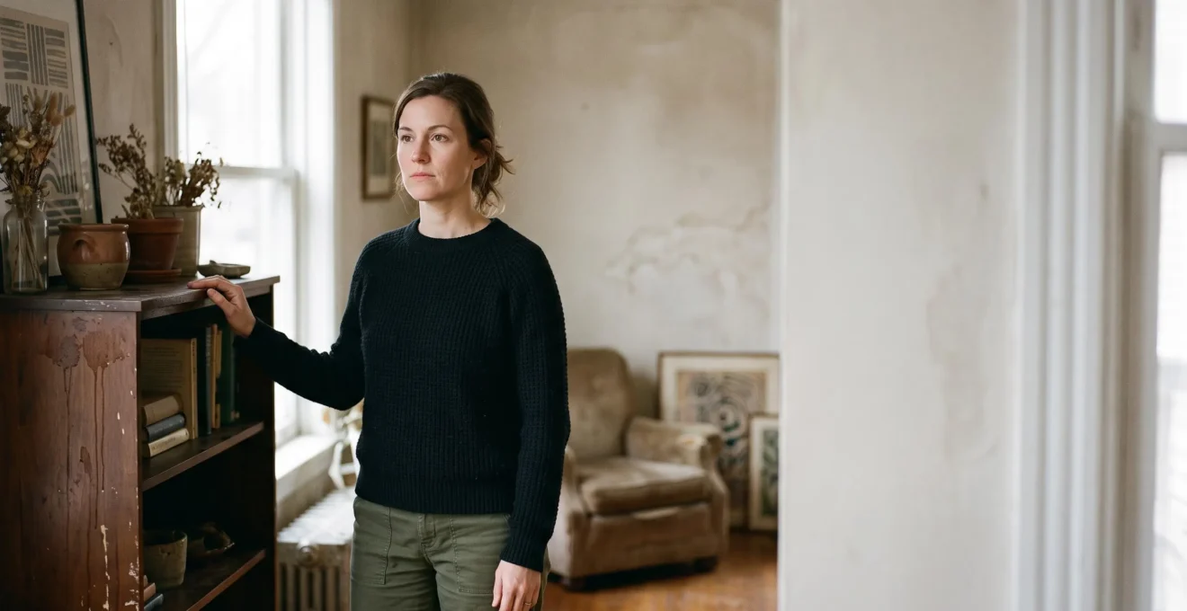 Propriétaire examinant les dégâts de son logement après un sinistre, dans une posture déterminée et réfléchie
