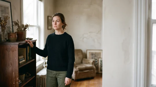 Propriétaire examinant les dégâts de son logement après un sinistre, dans une posture déterminée et réfléchie