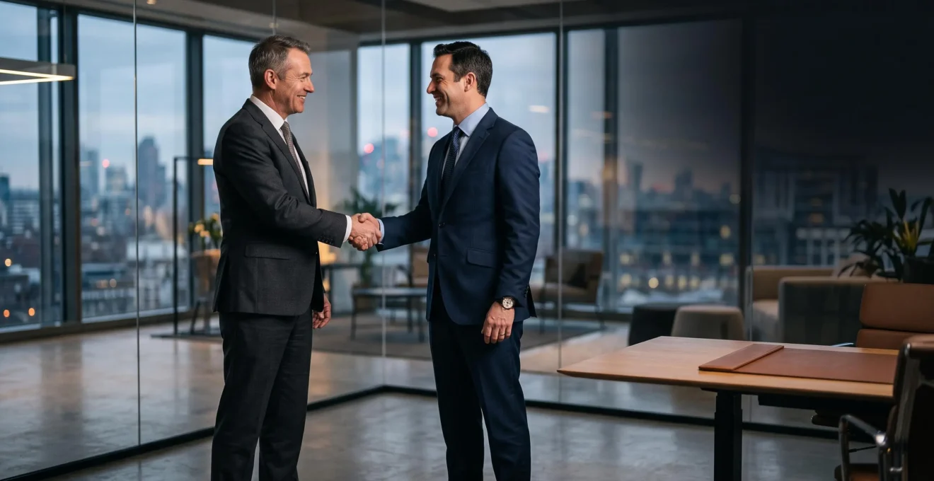 Deux dirigeants se serrant la main après la signature d'un rachat d'entreprise, symbole d'une fusion-acquisition réussie