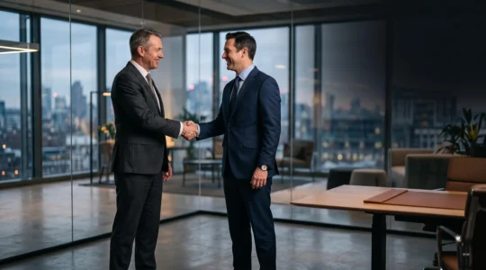 Deux dirigeants se serrant la main après la signature d'un rachat d'entreprise, symbole d'une fusion-acquisition réussie