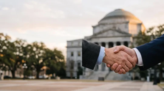 Deux mains qui se serrent au premier plan avec un palais de justice flou et lointain en arrière-plan, symbolisant le choix de l'accord amiable plutôt que le procès