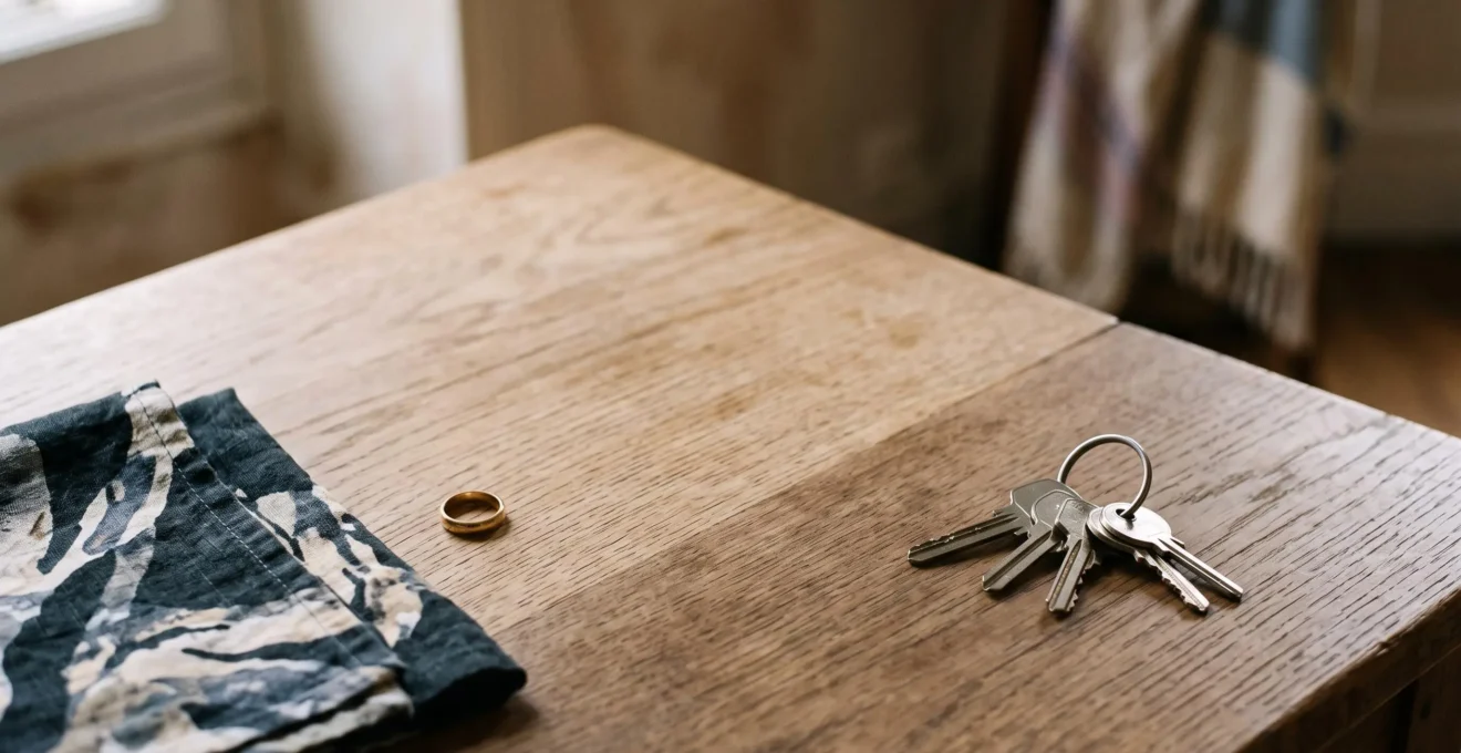 Alliance et clés de maison posées de part et d'autre d'une table en bois, symbolisant la séparation d'un couple