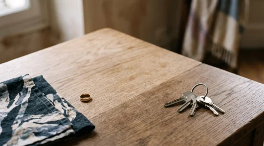 Alliance et clés de maison posées de part et d'autre d'une table en bois, symbolisant la séparation d'un couple