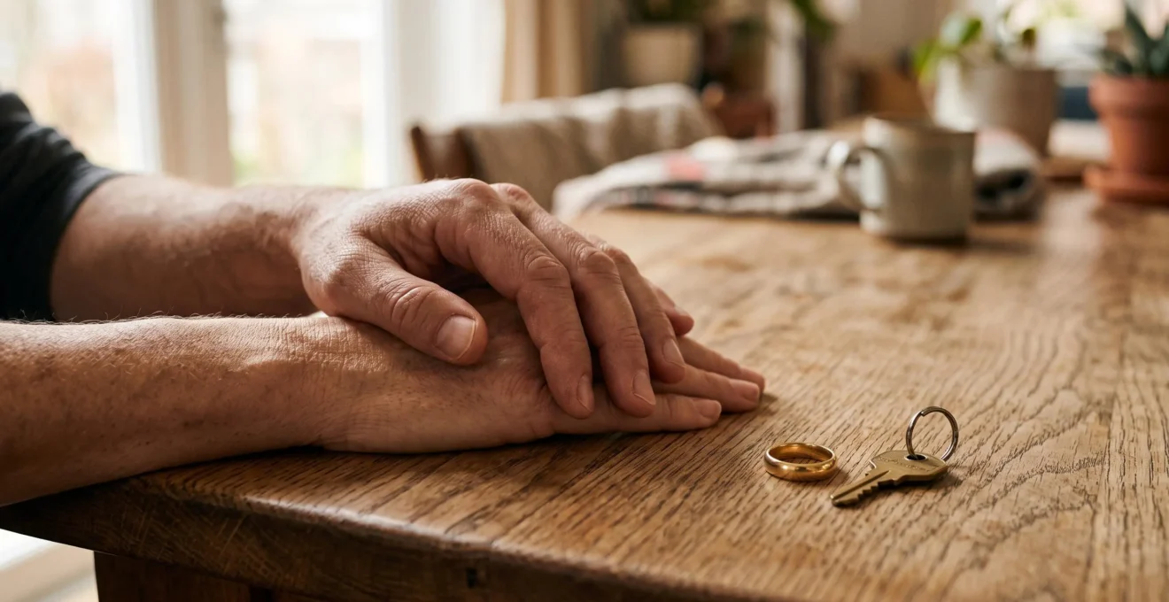 Mains d'un couple posees sur une table en bois aux cotes d'une alliance et d'une clef, symbole de la protection juridique du patrimoine conjugal