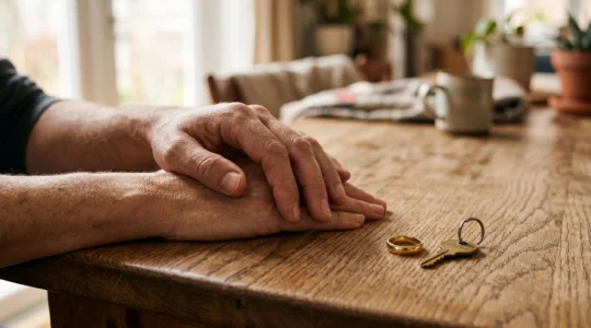 Mains d'un couple posees sur une table en bois aux cotes d'une alliance et d'une clef, symbole de la protection juridique du patrimoine conjugal