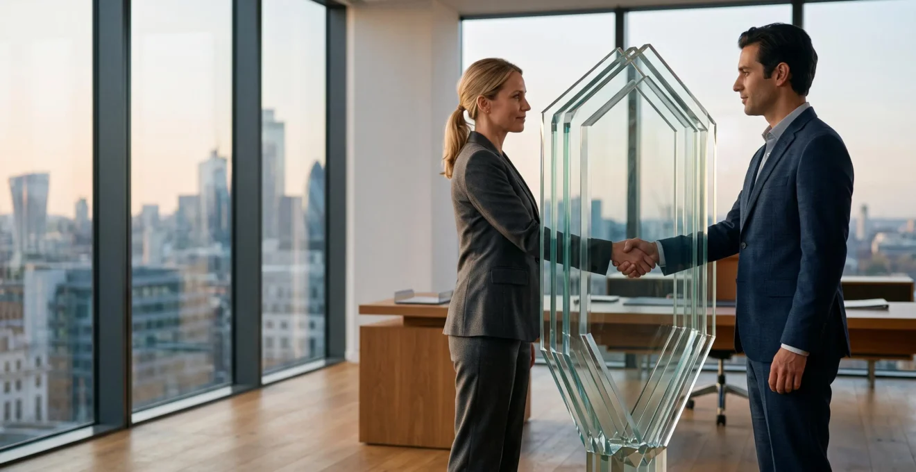 Illustration symbolique d'une poignée de main d'affaires protégée par une structure translucide évoquant la sécurité juridique dans une transaction commerciale