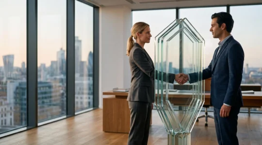 Illustration symbolique d'une poignée de main d'affaires protégée par une structure translucide évoquant la sécurité juridique dans une transaction commerciale