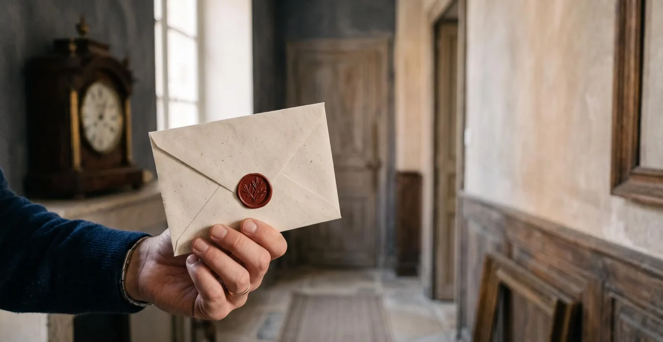 Main tenant une enveloppe officielle d'assignation en justice dans un couloir baigne de lumiere naturelle, symbolisant le compte a rebours des 15 jours